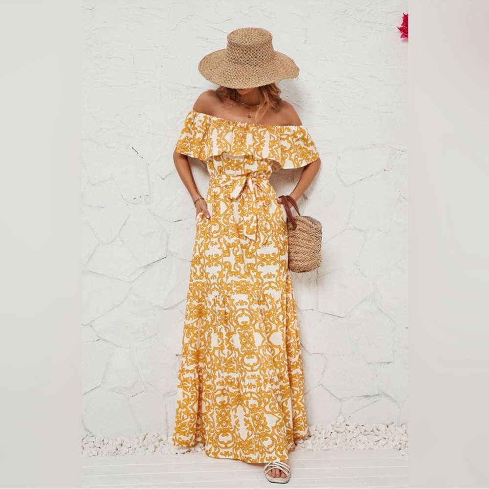 #145• Vacation, Elegant Ruffles Maxi Dress with Belt